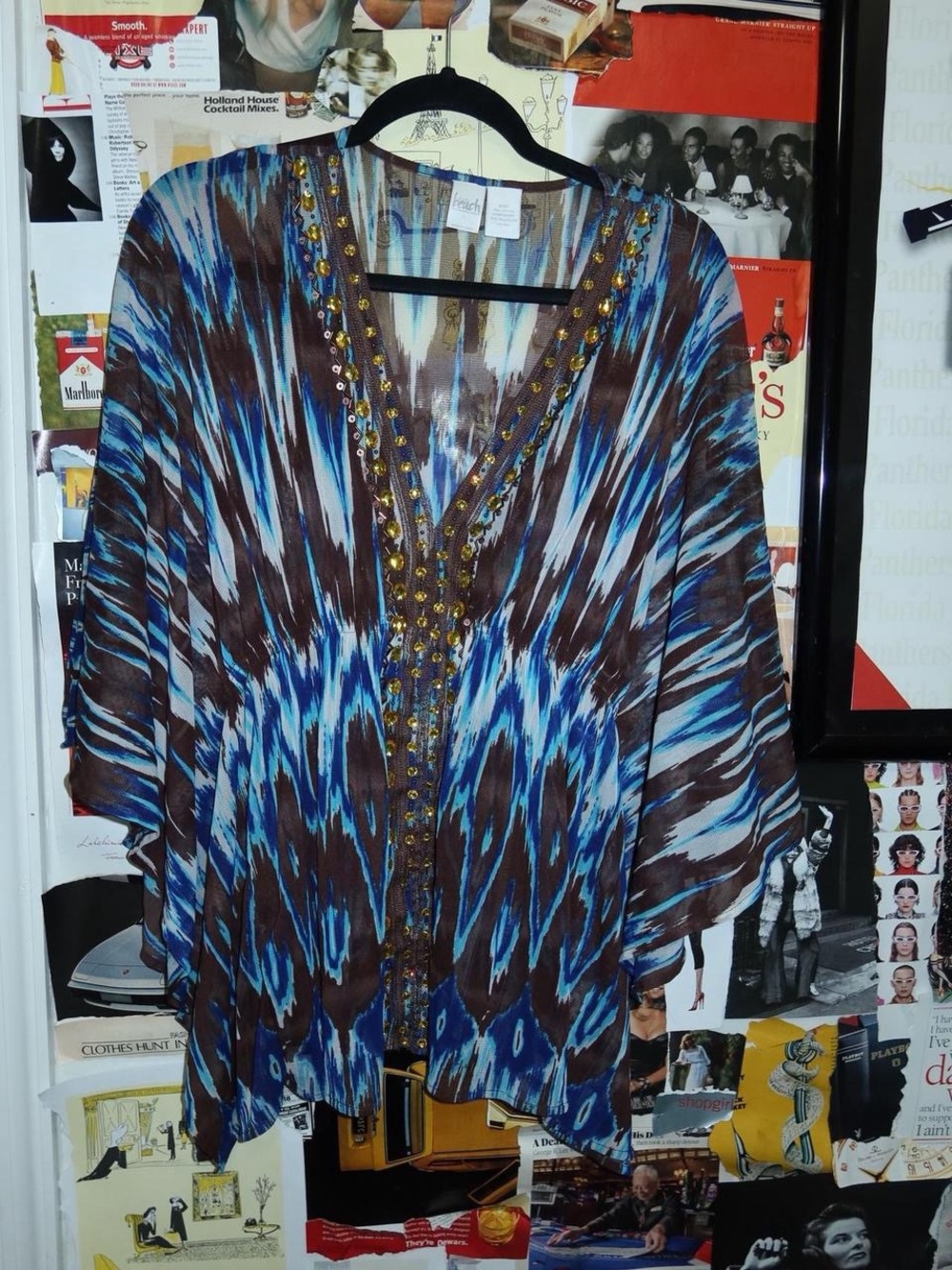 Blue and Brown Beaded Rhinestone Flowy Top Y2K Boho